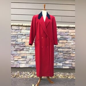 Vintage Karen wool coat midi , dark red, black  velvet collar size 12